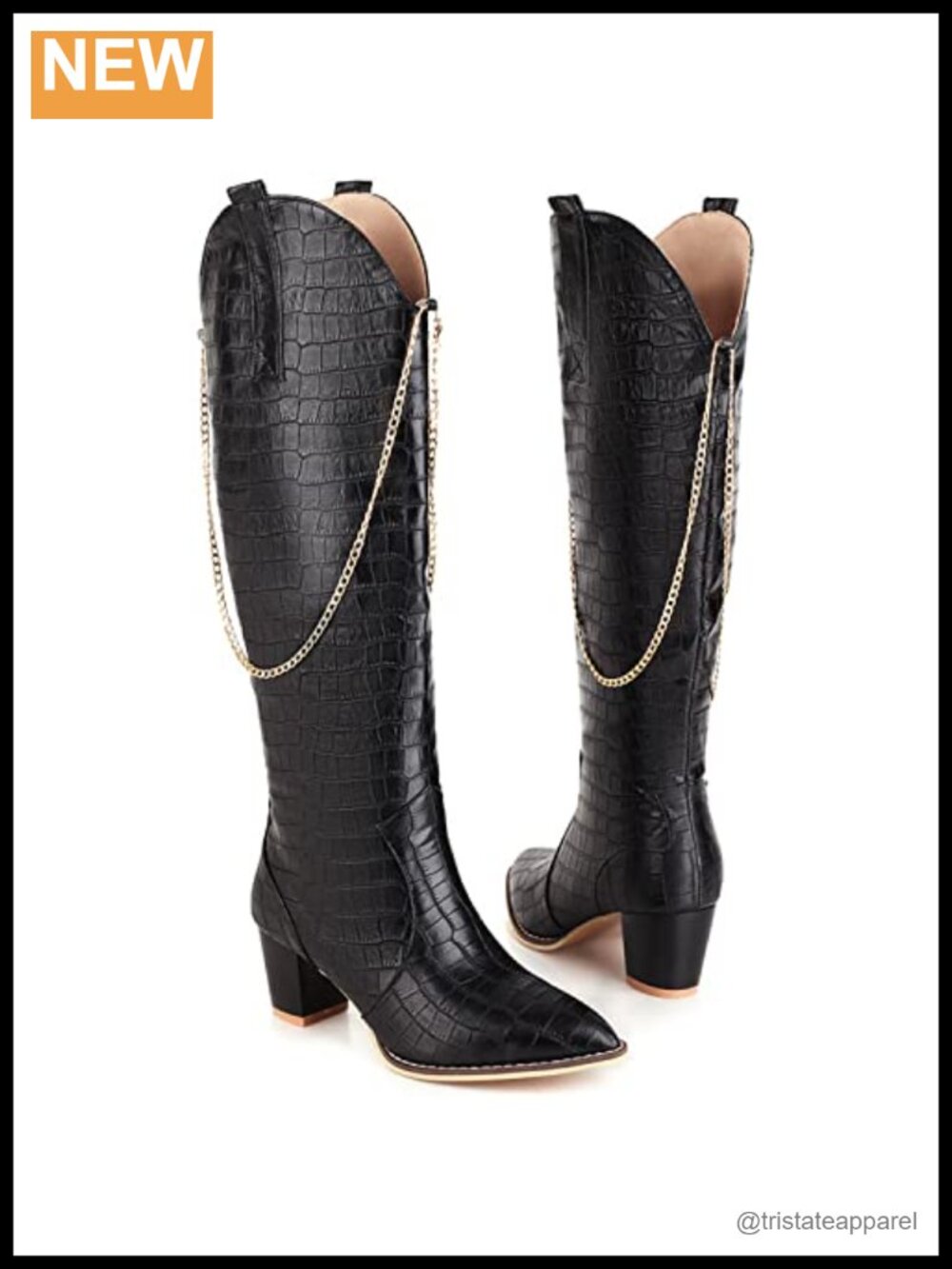 Chunky Heel Western Knee High Boots Wide Calf Pointed Toe Mid Calf Cowgirl